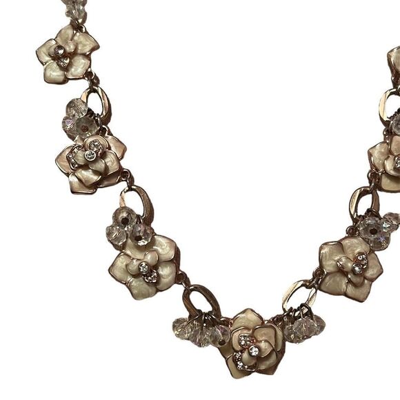 Charming Charlie Enamel Flower Crystal Rose Gold Tone Necklace - Picture 2 of 5